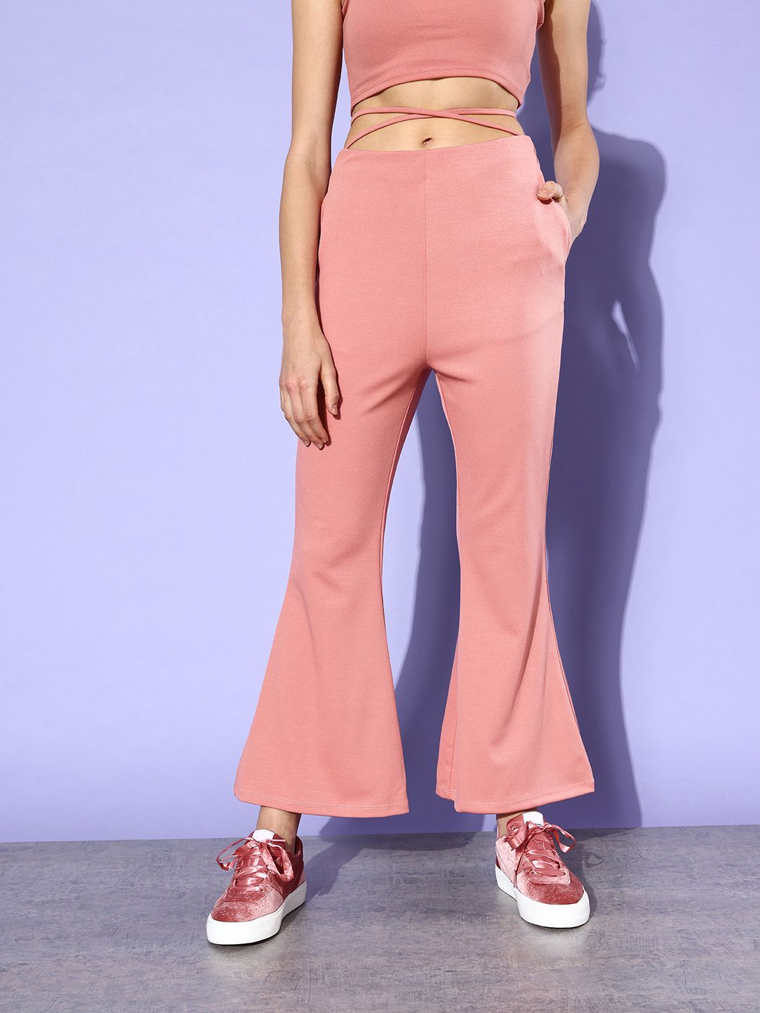 DressBerry Women Blush Pink Waist Tie-Up Detail Hardware Trousers