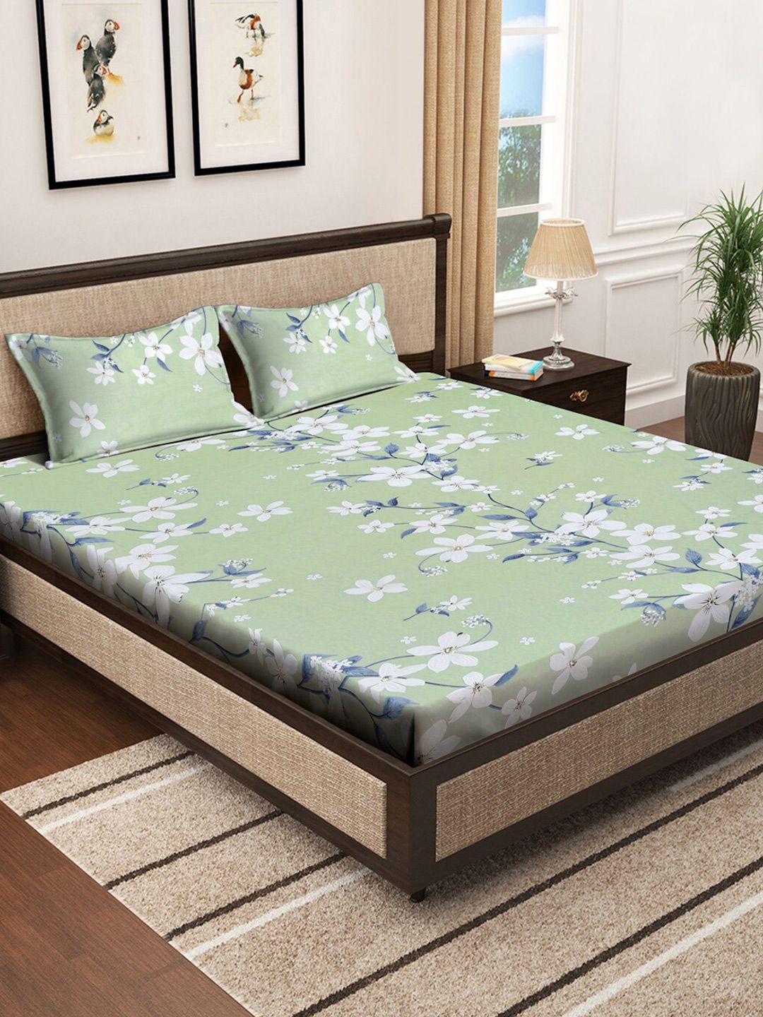 KLOTTHE Green Floral Printed Fitted 400 TC Cotton King Bedsheet & 2 Pillow Covers