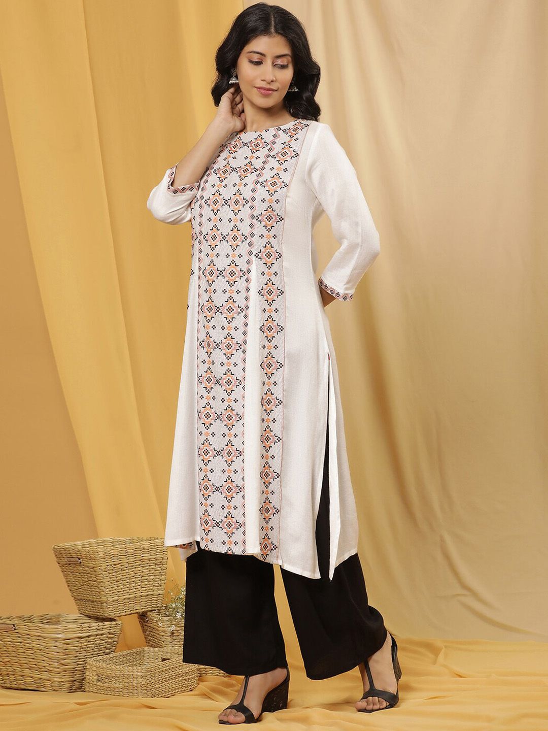 W Ethnic Motifs Embroidered Boat Neck Straight Kurta with Palazzo
