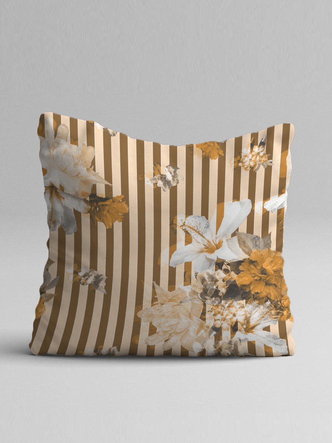 STITCHNEST Yellow & Tan Set of 5 Floral Square Cushion Covers