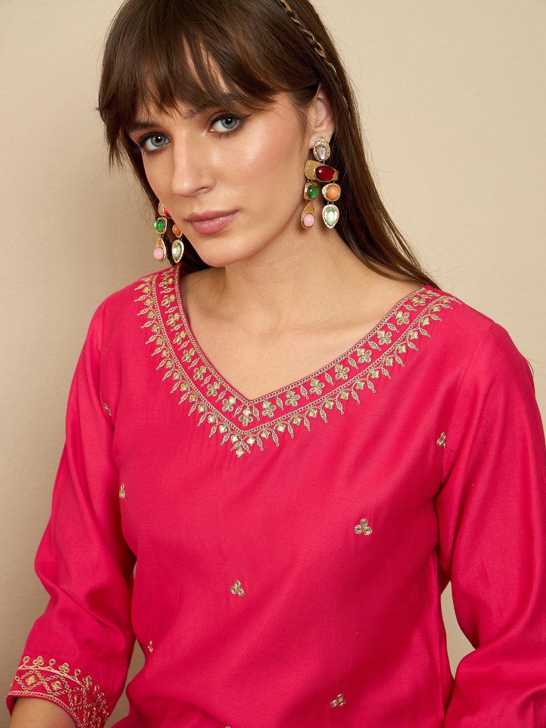 Indo Era Floral Embroidered Liva Straight Kurta With Trousers