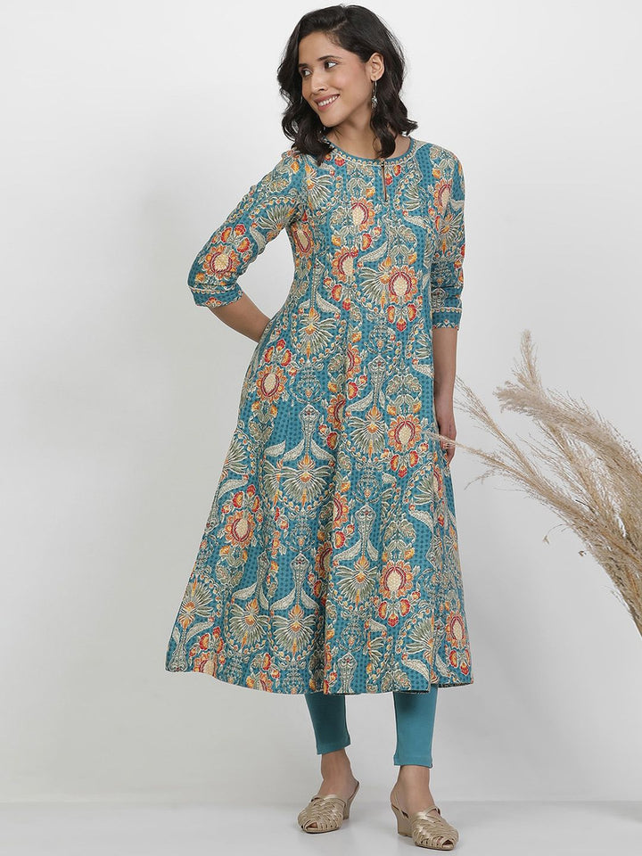 W Floral Printed Keyhole Neck Pure Cotton A-Line Kurta