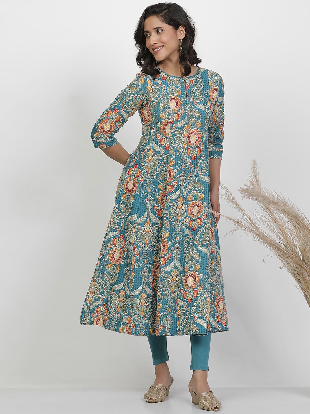 W Floral Printed Keyhole Neck Pure Cotton A-Line Kurta