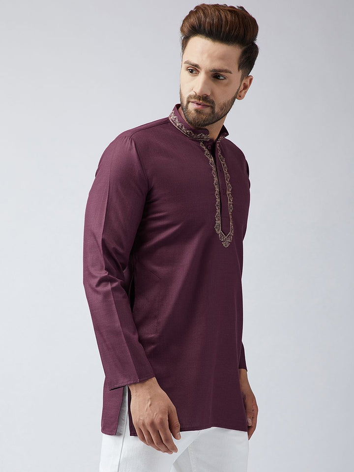 SOJANYA Men Burgundy Embroidered Short Kurta