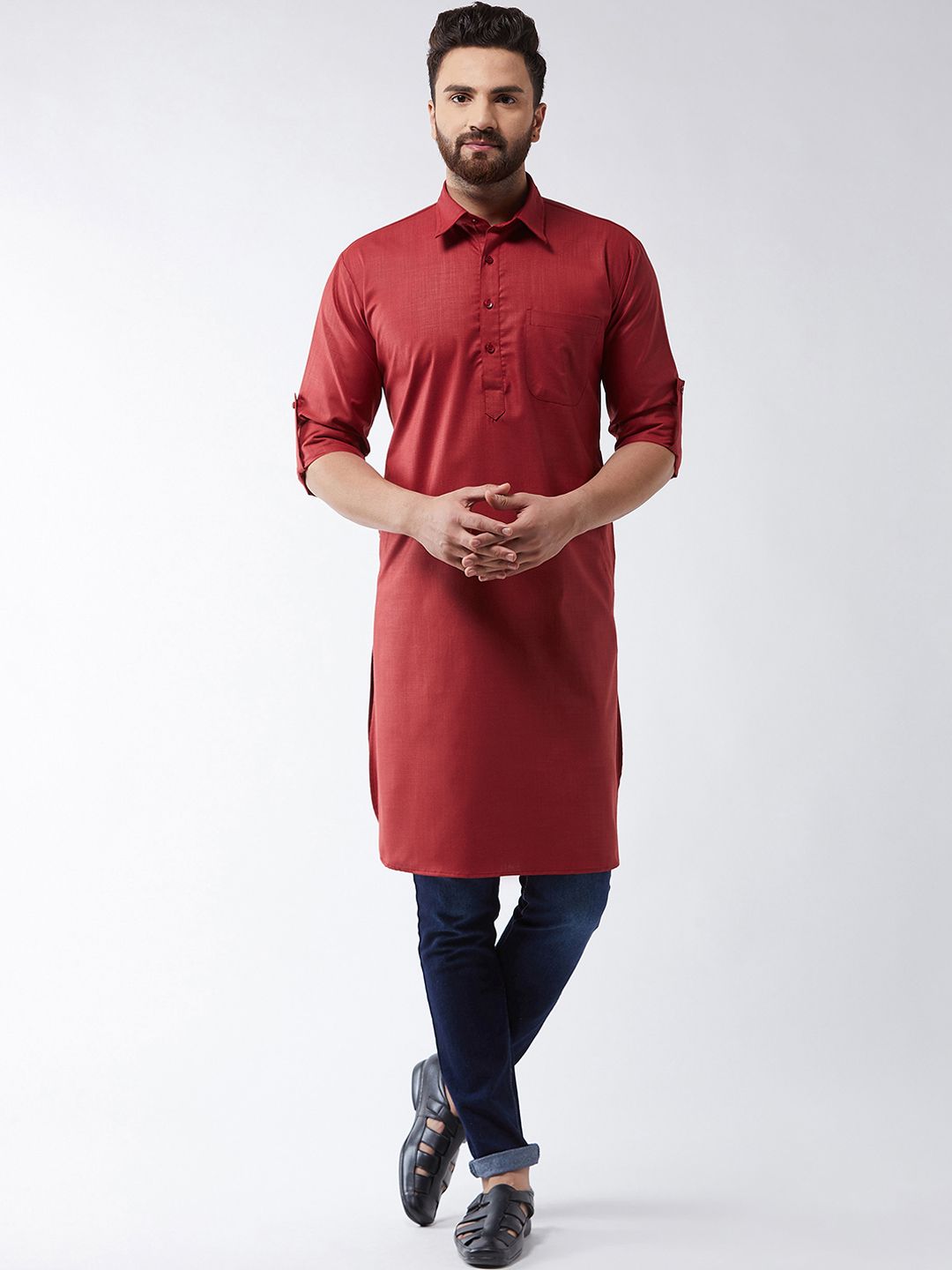 SOJANYA Men Maroon Solid Pathani Kurta