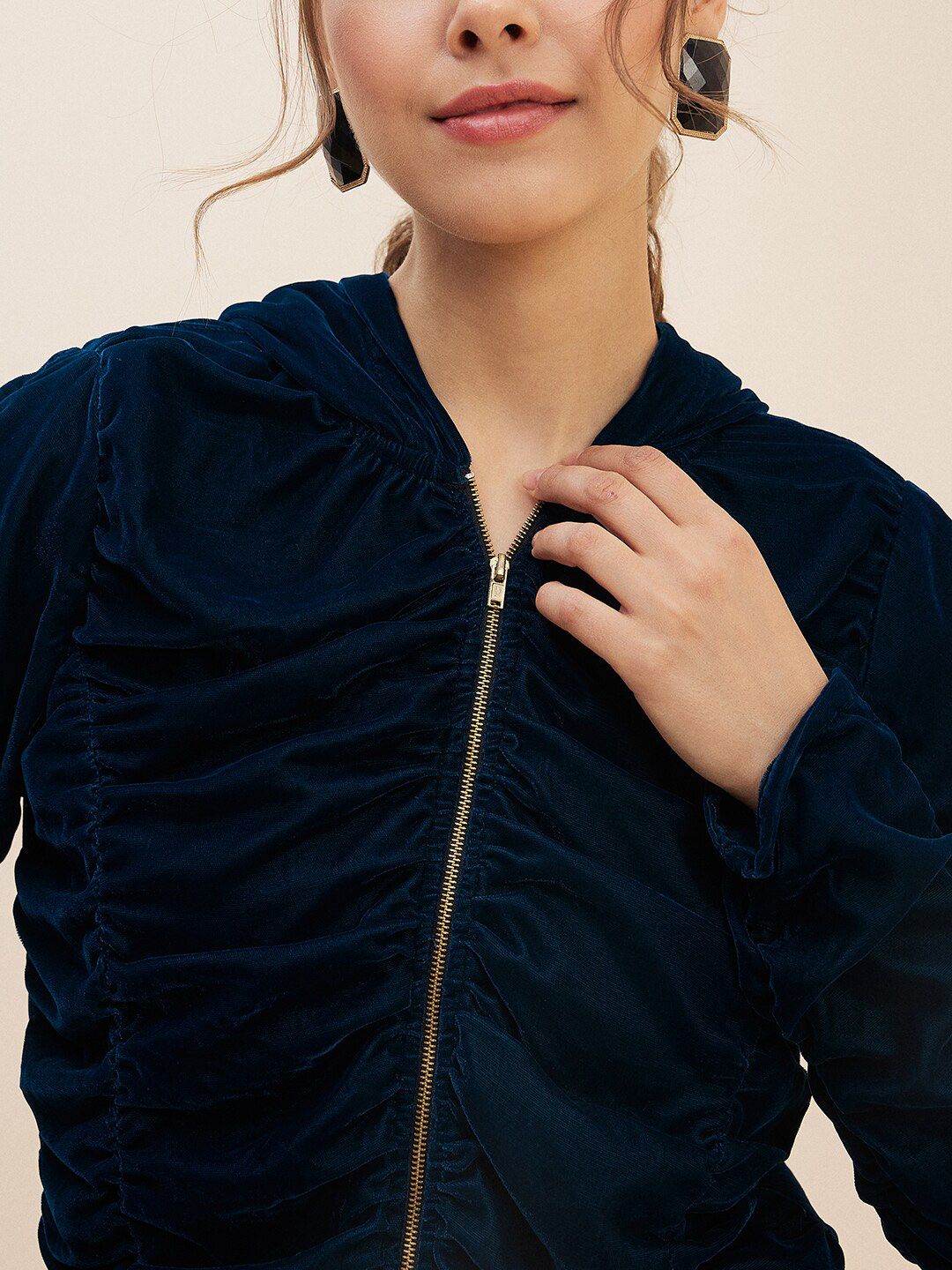 Antheaa Teal Blue Self Design Hooded Neck Long Sleeves Velvet Tailored Jacket