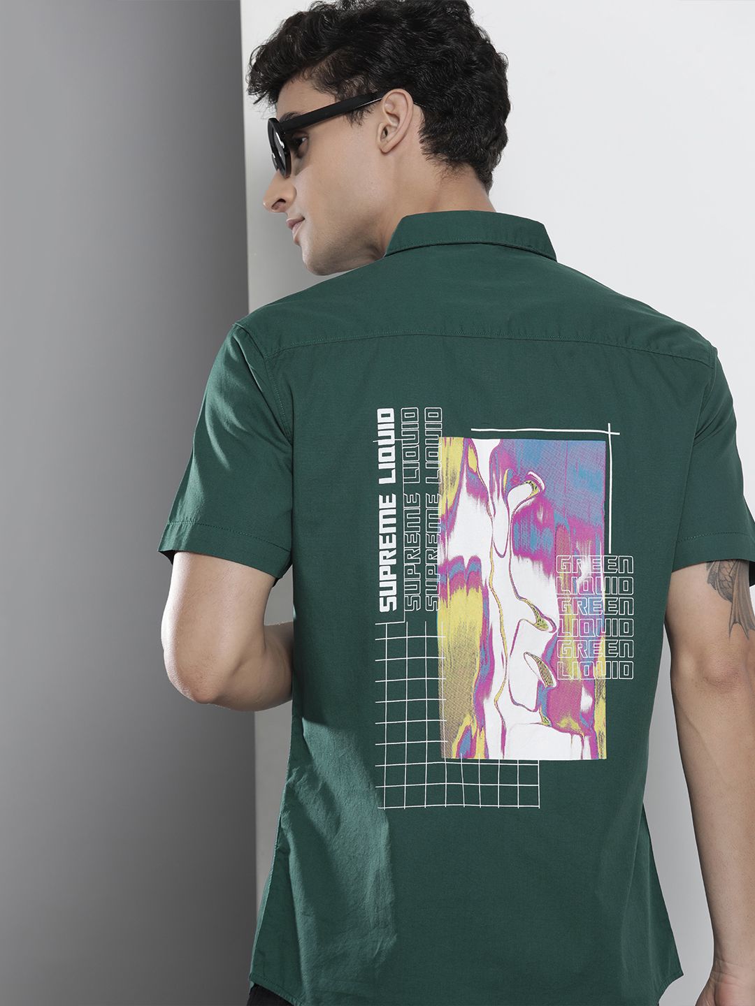 The Indian Garage Co Men Green Cotton Smart Fit Back Printed Casual Shirt