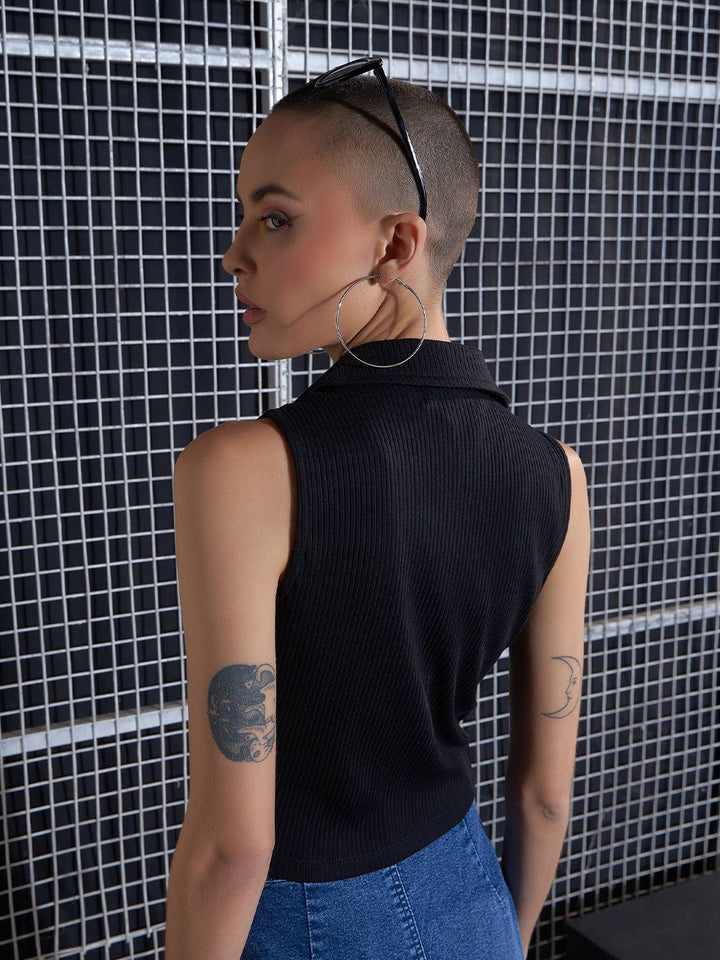 SASSAFRAS Black Lace-Up Shirt Style Crop Top