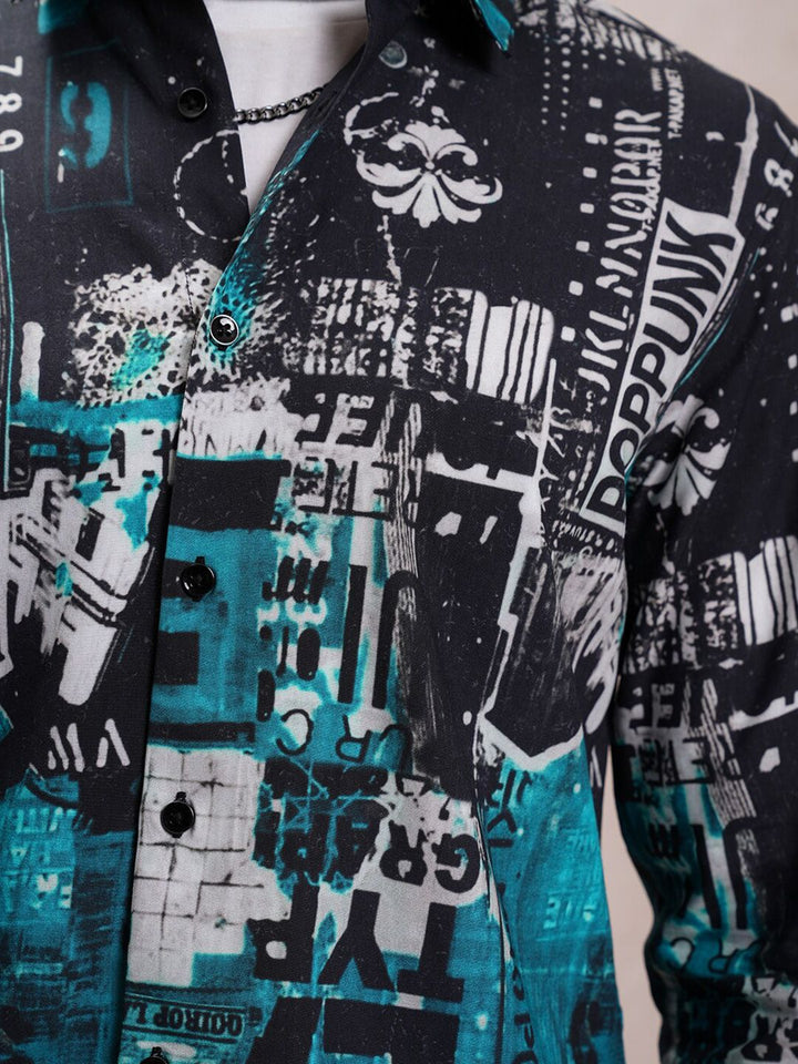 LOCOMOTIVE Slim Fit Abstract Printed Luxe Satin Party Shirt