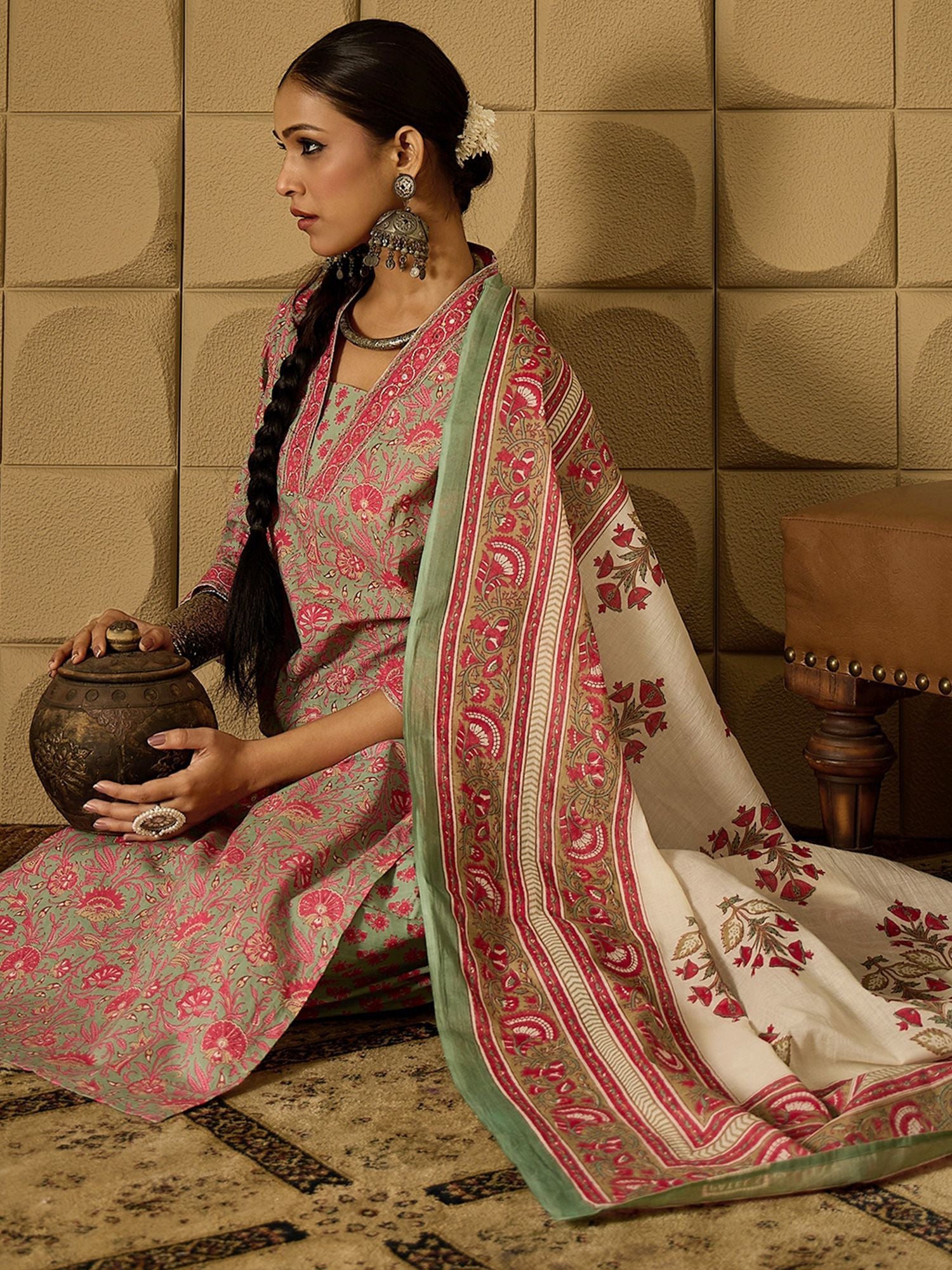 Indo Era Floral Printed Pure Cotton Kurta Straight Kurta With Salwar And Dupatta