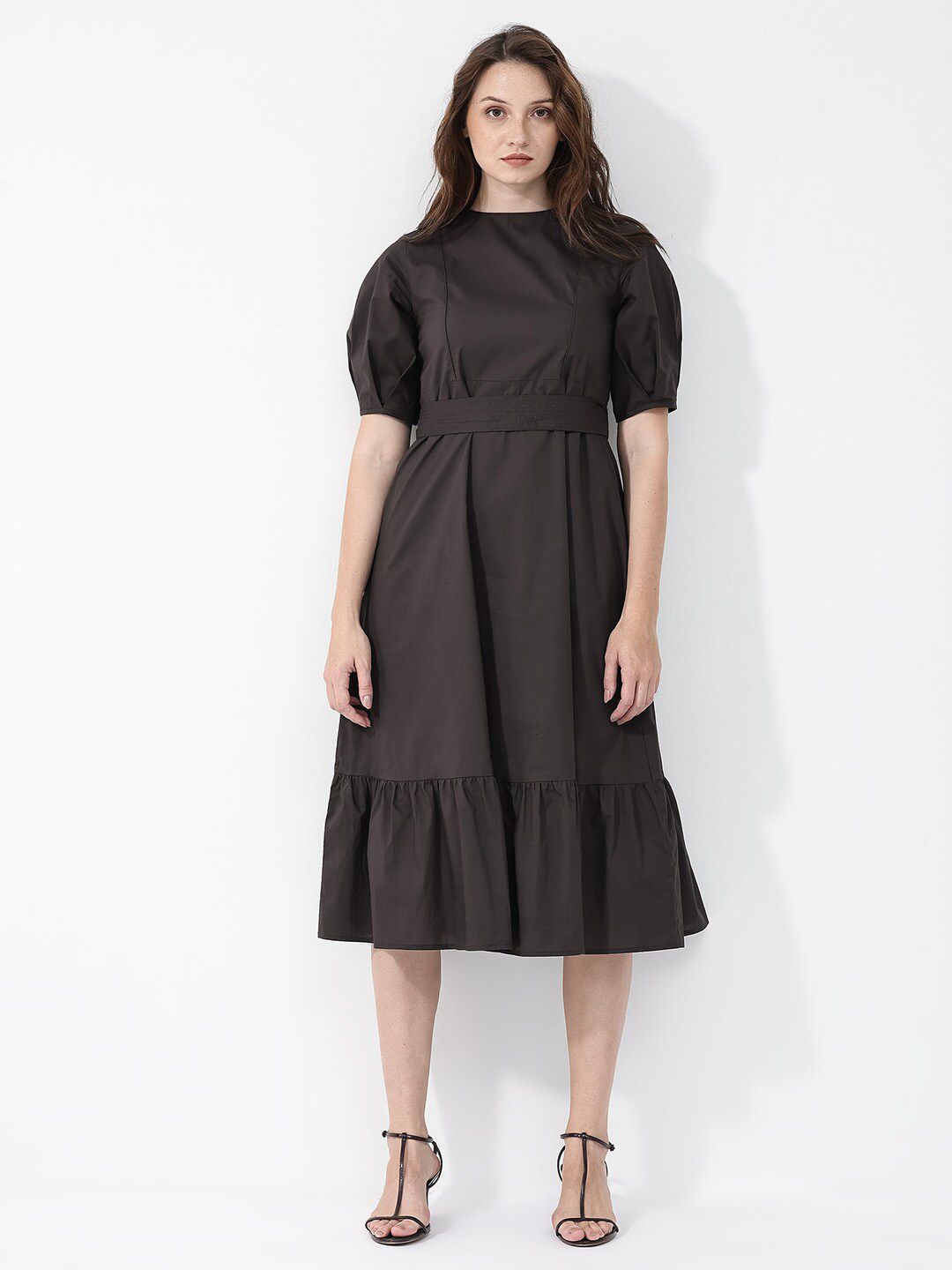 RAREISM Short Sleeves Mandarin Collar Cotton A-Line Midi Dress
