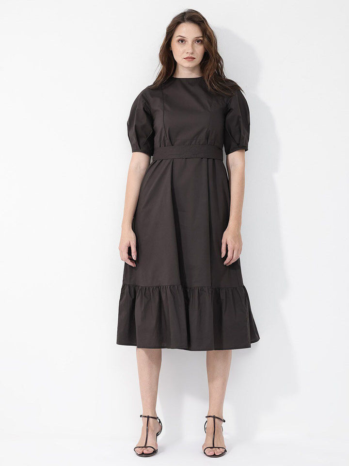 RAREISM Short Sleeves Mandarin Collar Cotton A-Line Midi Dress