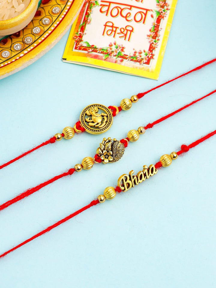 NVR Unisex Set of 3 Gold Toned Thread Rakhi with Roli Chawal Chandan Mishri