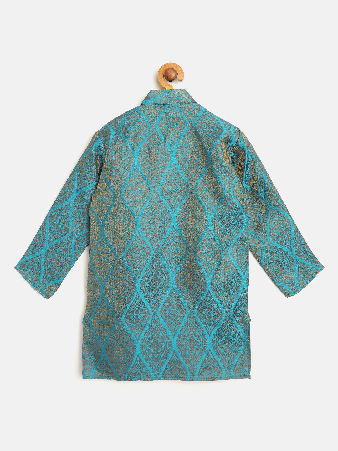 SOJANYA Lelaki Biru & Kuning Motif Etnik Rekaan Tenunan Jacquard Tenunan Kolar Jalur Kurta