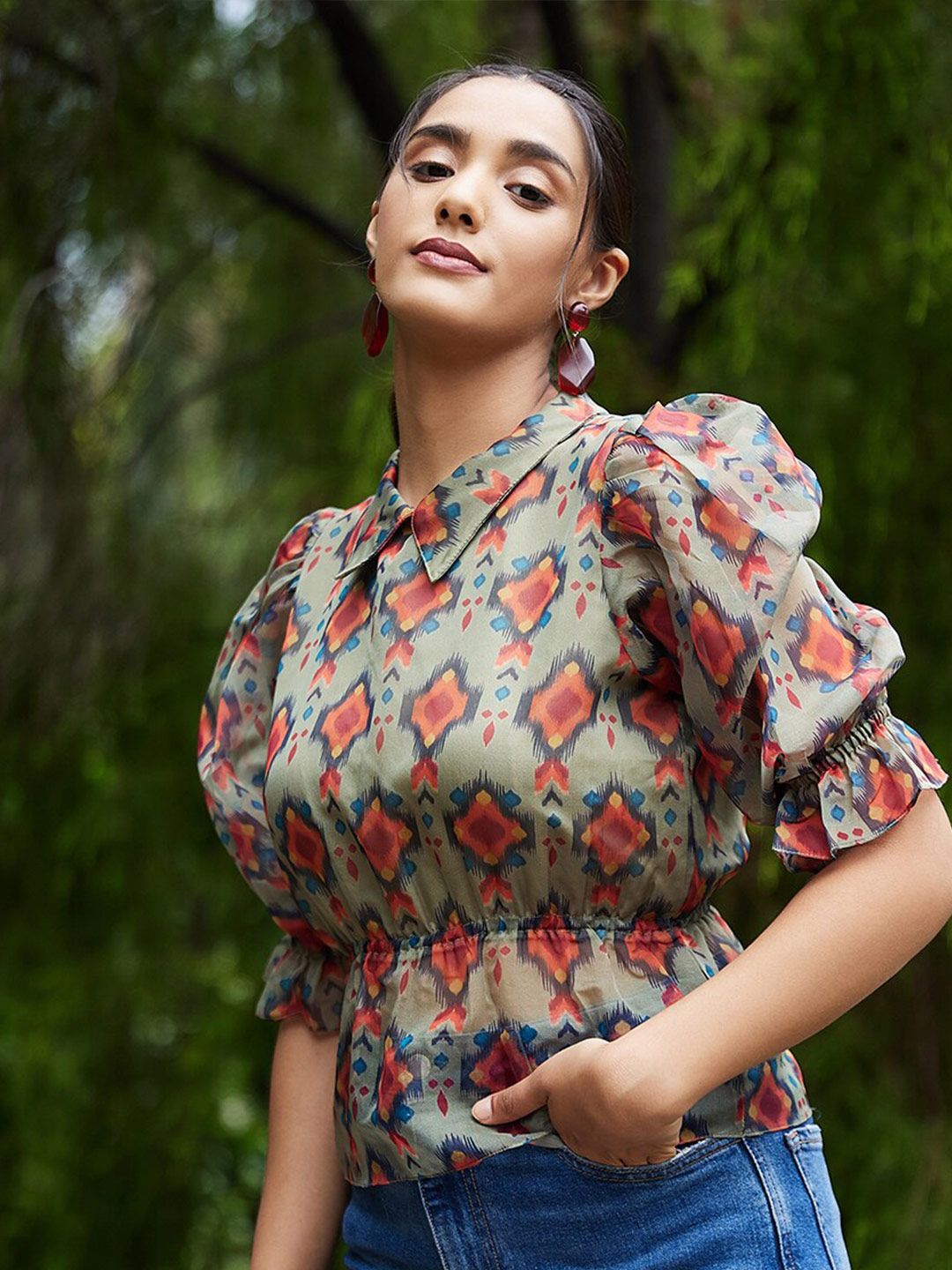 Athena Green & Rust Geometric Print Peplum Top