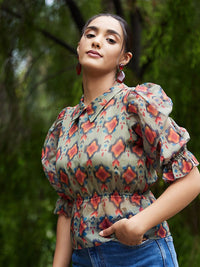 Athena Green & Rust Geometric Print Peplum Top