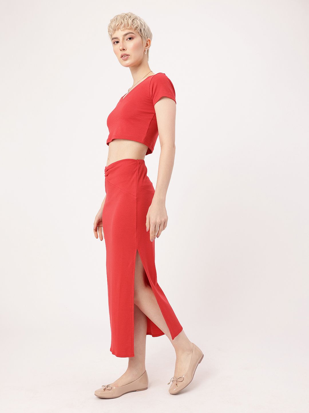 DressBerry Cherry Red Ruched-V Co-ords
