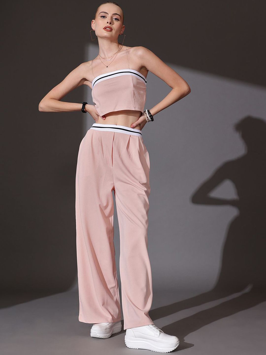 STREET 9 Solid Off Shoulder Crop Top & Trousers Co-Ord Set
