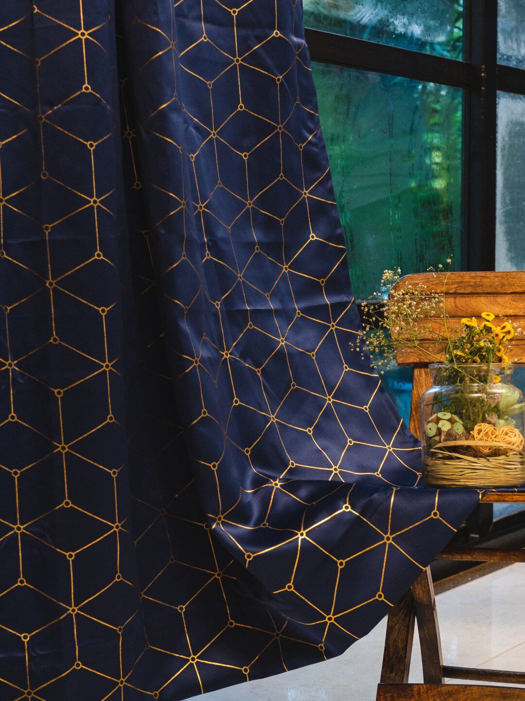 URBAN SPACE Navy Blue & Gold-Toned Geometric Black Out Door Curtain