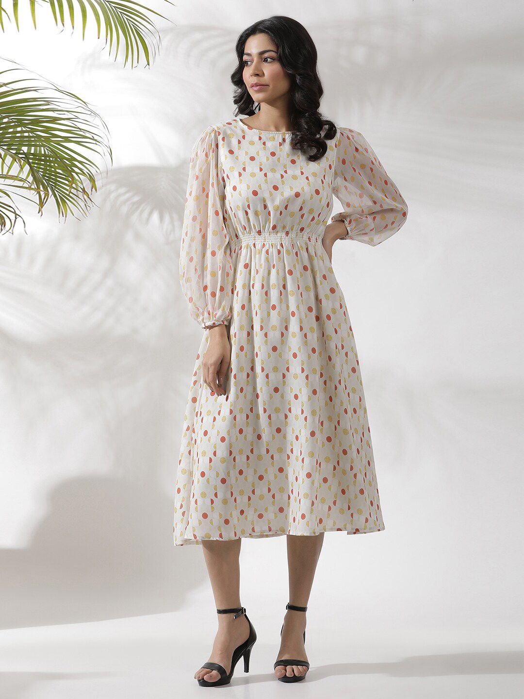 W Polka Dots Print Puff Sleeve Fit & Flare Midi Dress