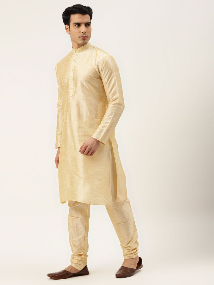 SOJANYA Men Cream-Coloured & Navy Blue Solid Kurta with Churidar & Jacket