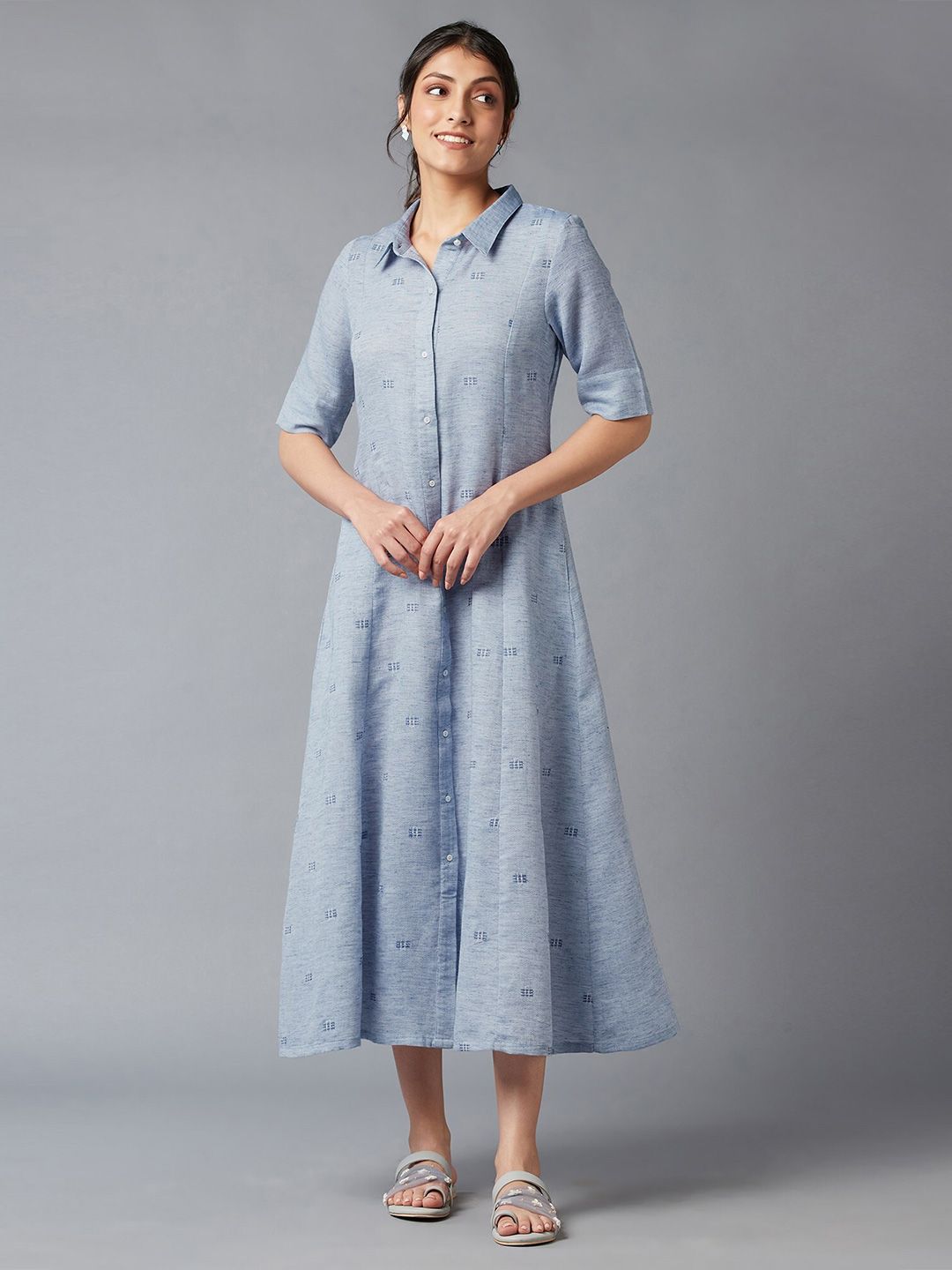 W Women Blue Shirt Collar Midi Dress