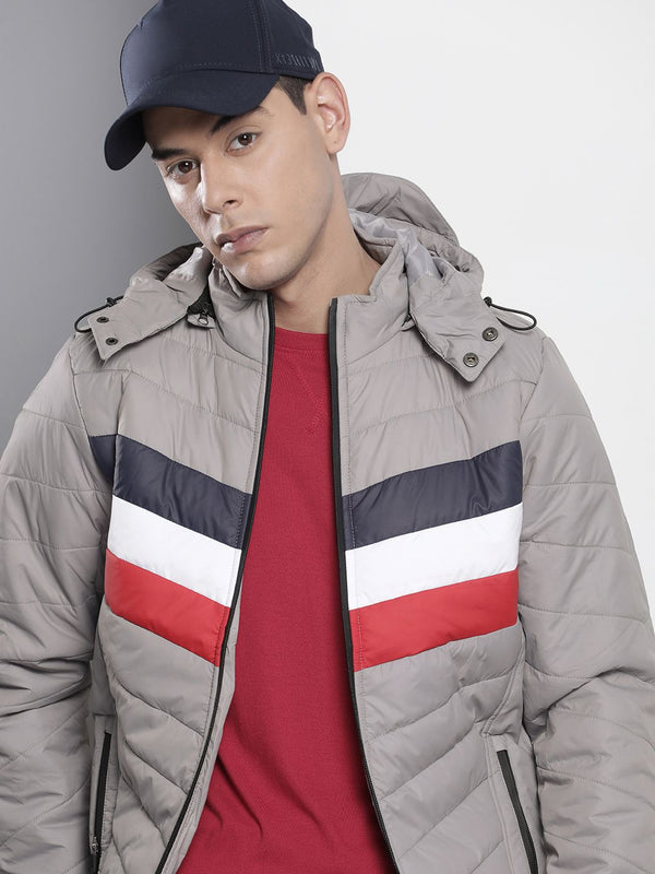 The Indian Garage Co Men Colourblock Puffer Jacket with Detachable Hood