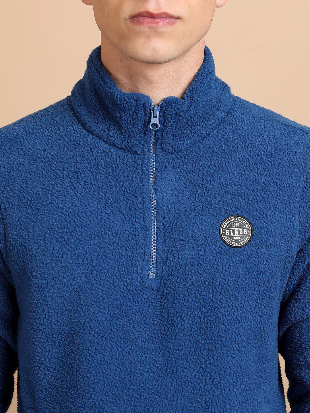 HIGHLANDER Blue Self Design Mock Collar Half Zipper Sweatshirt