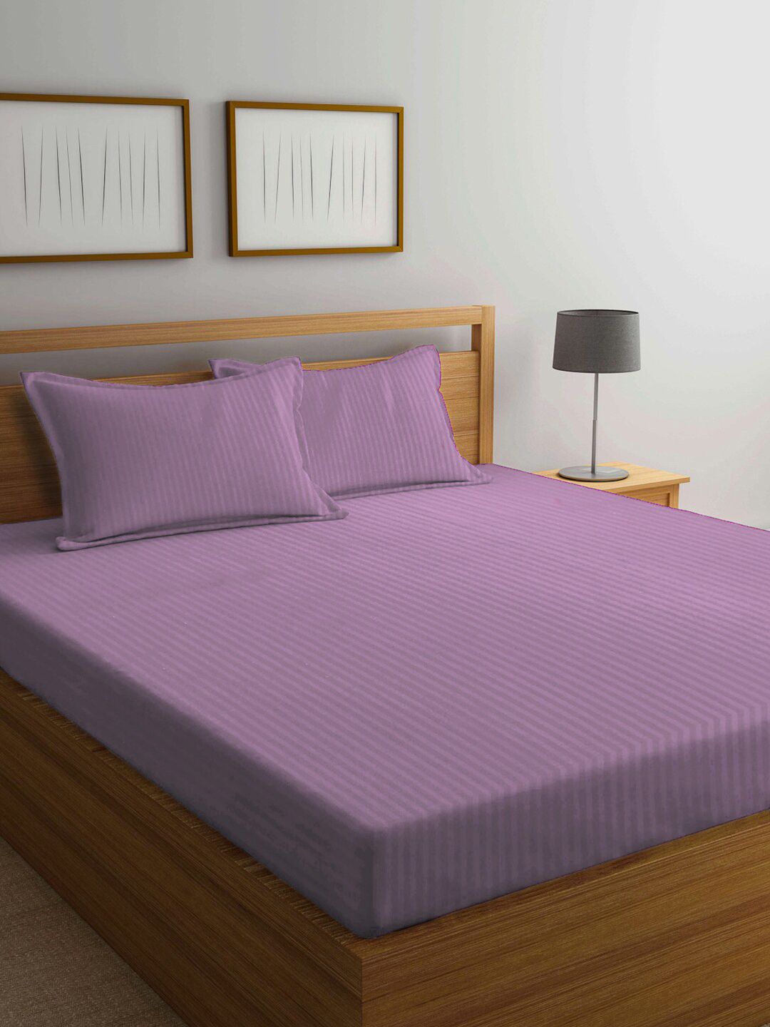KLOTTHE Pink Striped Cotton 300 TC King Fine Bedsheet with 2 Pillow Covers-98 x 89 inches