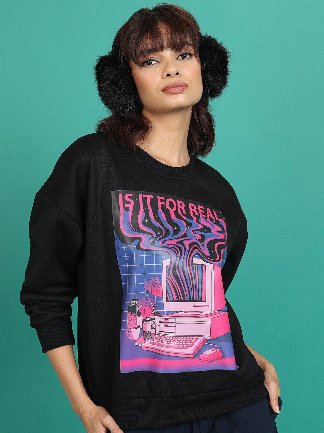 Tokyo Talkies Black Graphic Printed Oversized Pullover Sweatshirt