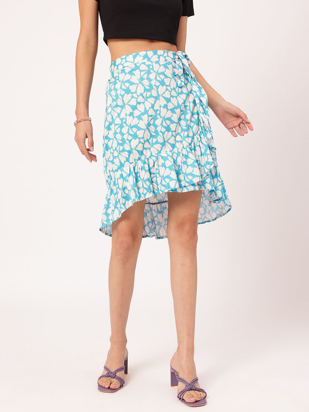 DressBerry Floral Fusion Tie-Up Asymmetric Flounce Hem Mini Skirt