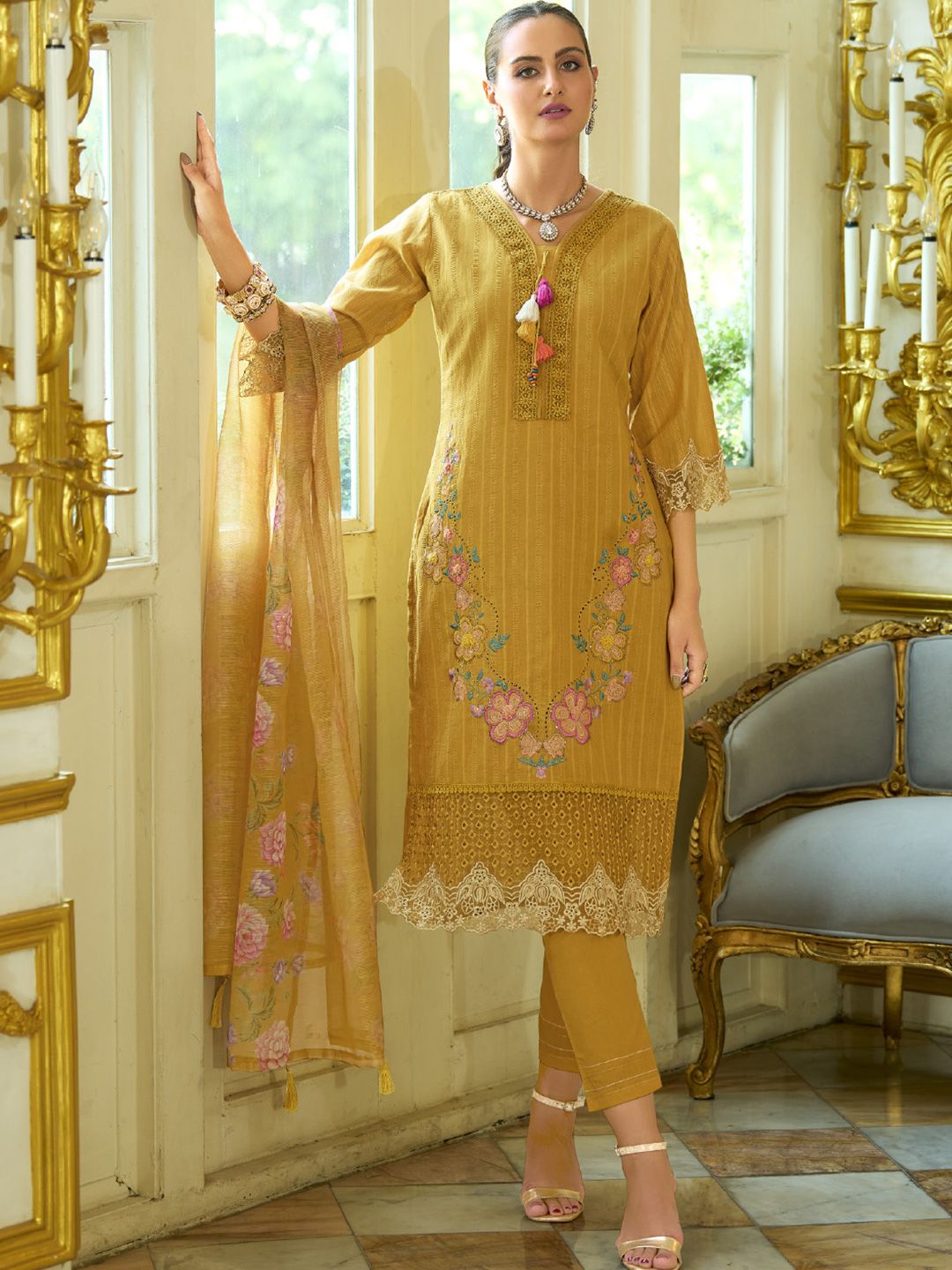 Varanga Floral Embroidered V-Neck Thread Work Pure Cotton Kurta With Trousers And Dupatta