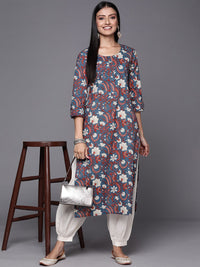 Varanga Women Blue & Maroon Floral Printed Indie Prints Kurta