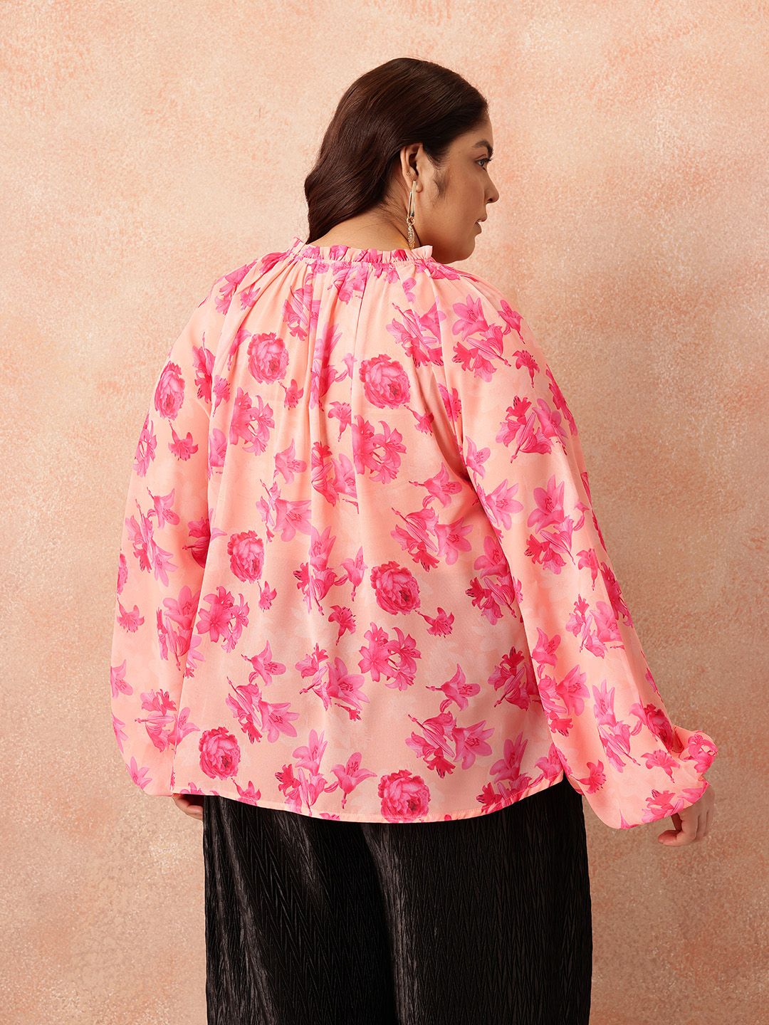 all about you Plus Size Floral Print Tie-Up Neck Puff Sleeves Semi-Sheer Georgette Top