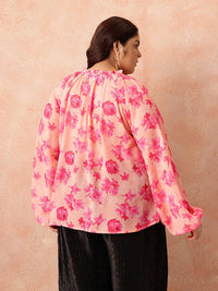 all about you Plus Size Floral Print Tie-Up Neck Puff Sleeves Semi-Sheer Georgette Top