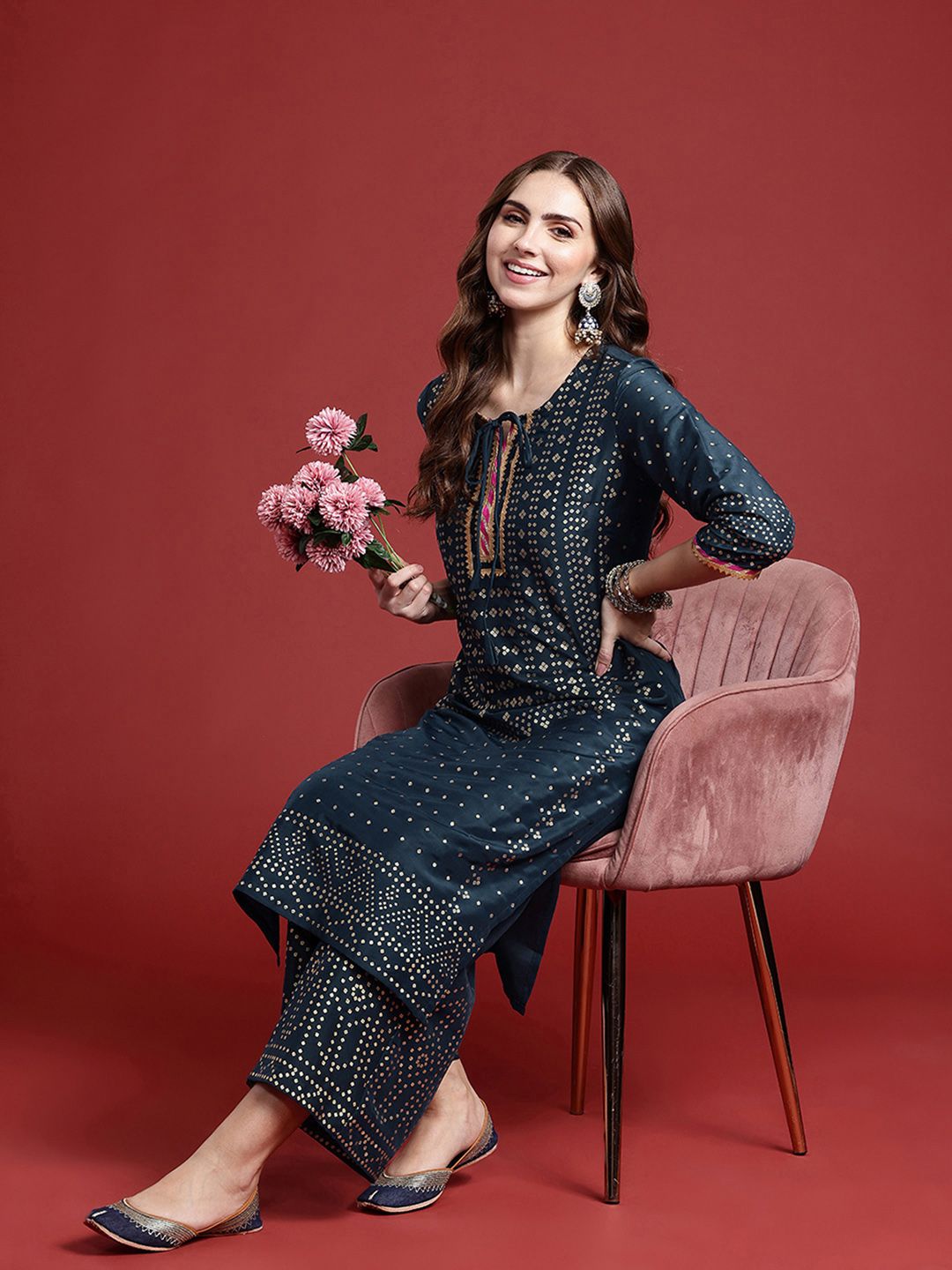 Anouk Ethnic Motifs Printed Tie-Up Neck Regular Gotta Patti Kurta With Palazzos