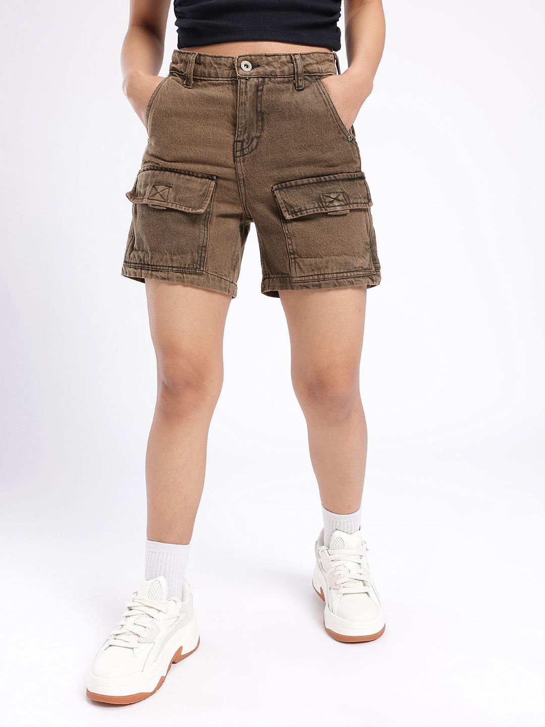 DressBerry Women Edgy Cool High-Rise Washed Denim Cargo Shorts