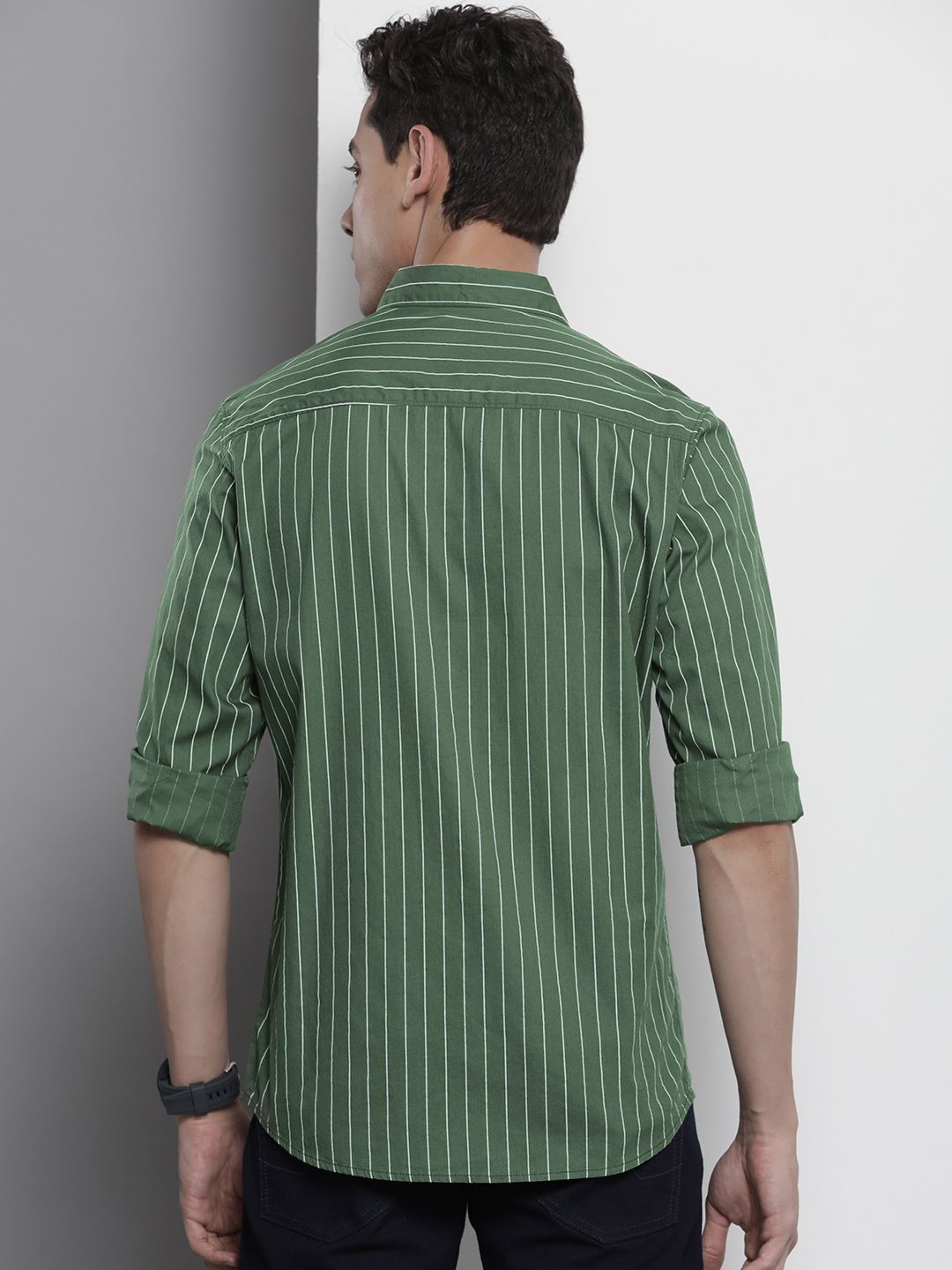 The Indian Garage Co Men Green & White Striped Cotton Casual Shirt