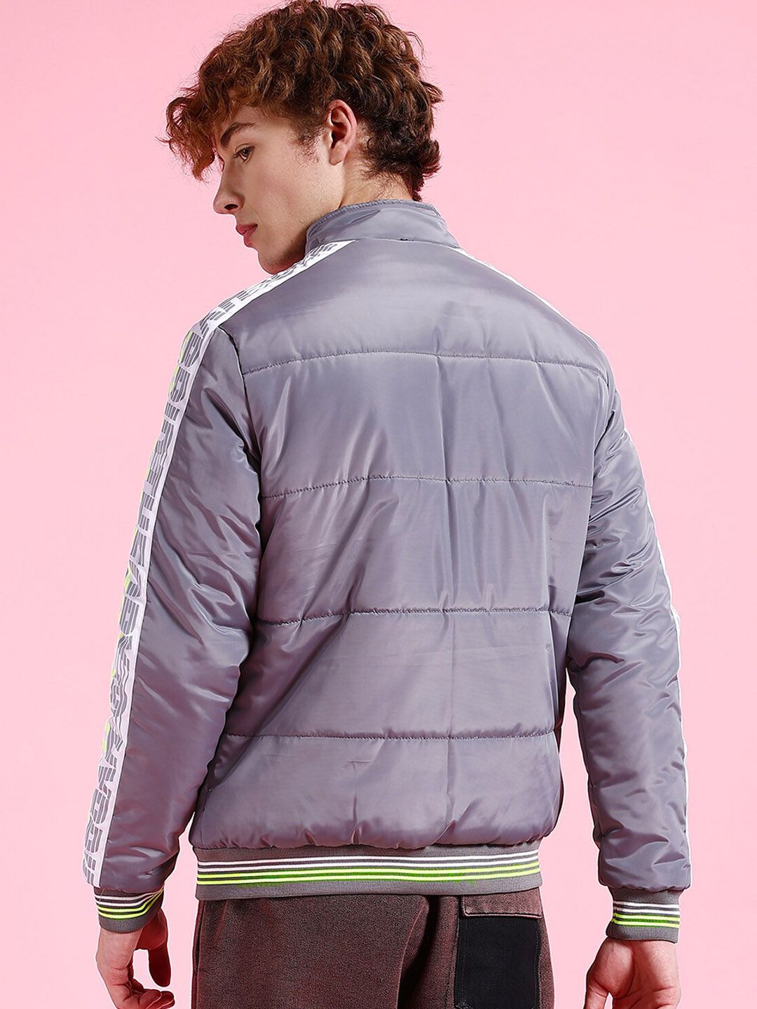 The Indian Garage Co Grey Striped Stand Collar Padded Jacket