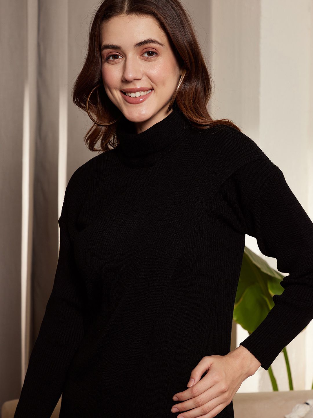 Berrylush Ribbed Turtle Neck Drop Shoulder Split Hem Longline Pullover Sweater
