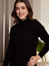Berrylush Ribbed Turtle Neck Drop Shoulder Split Hem Longline Pullover Sweater