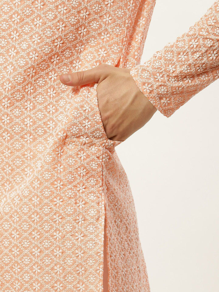 Jompers Men Orange & White Ethnic Motifs Embroidered Pure Cotton Kurta with Pyjamas