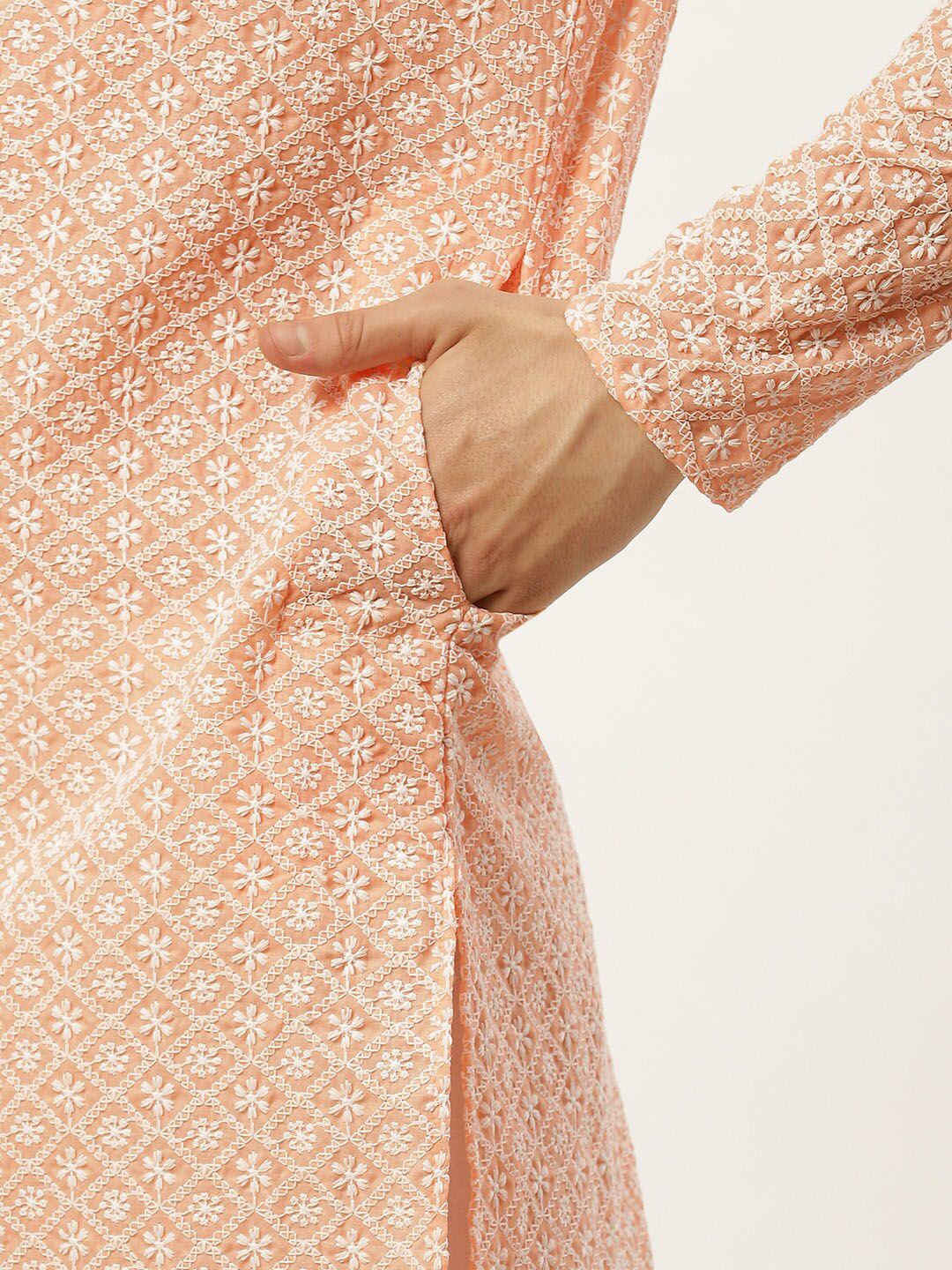 Jompers Men Orange & White Ethnic Motifs Embroidered Pure Cotton Kurta with Pyjamas