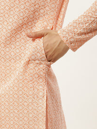 Jompers Men Orange & White Ethnic Motifs Embroidered Pure Cotton Kurta with Pyjamas
