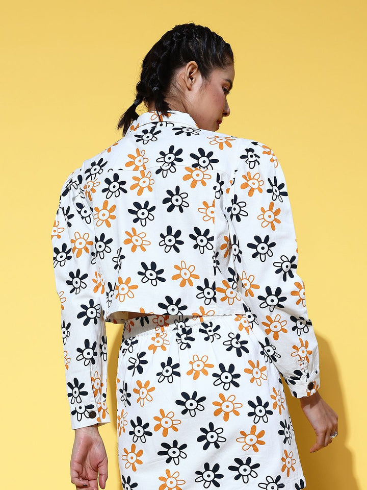 SASSAFRAS Women Alluring White Floral Kidult Kitsch Jacket
