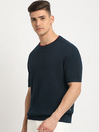 THE BEAR HOUSE Self Design Round Neck Drop-Shoulder Sleeves Cotton T-shirt