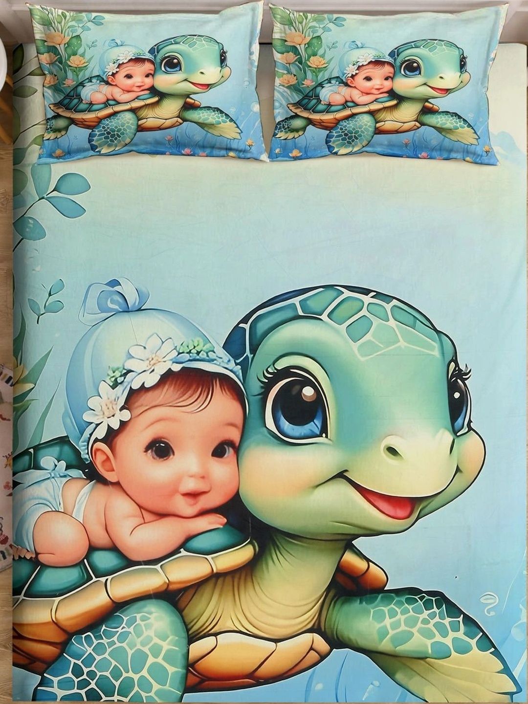 Moda Rapido X KLOTTHE Blue & Pink Cartoon Characters 400 TC Bedsheet with 2 Pillow Covers
