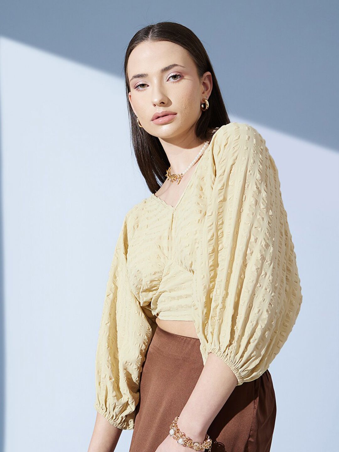 STREET 9 Self Design Puffed Sleeves Jacquard Crop Empire Top