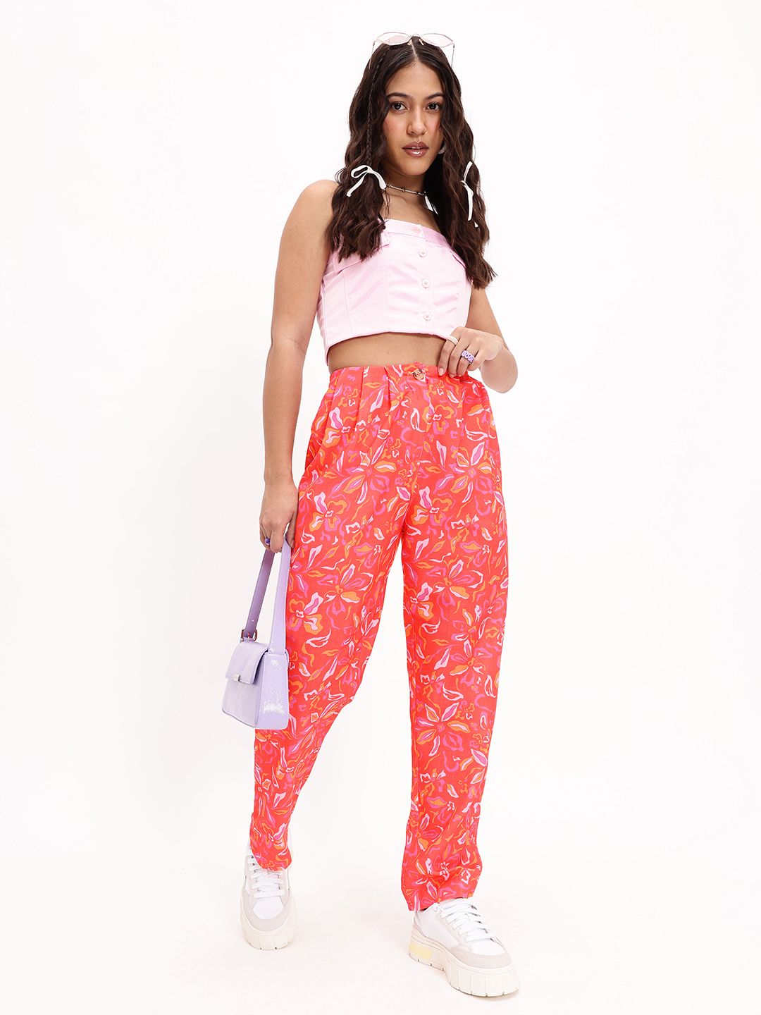DressBerry Women Elegant Blossom Printed Pleated Trousers