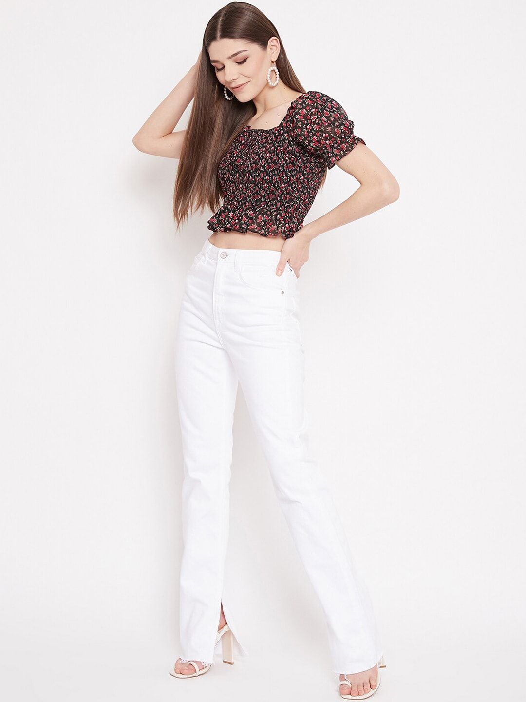 Berrylush Black Floral Smocked Crepe Blouson Crop Top